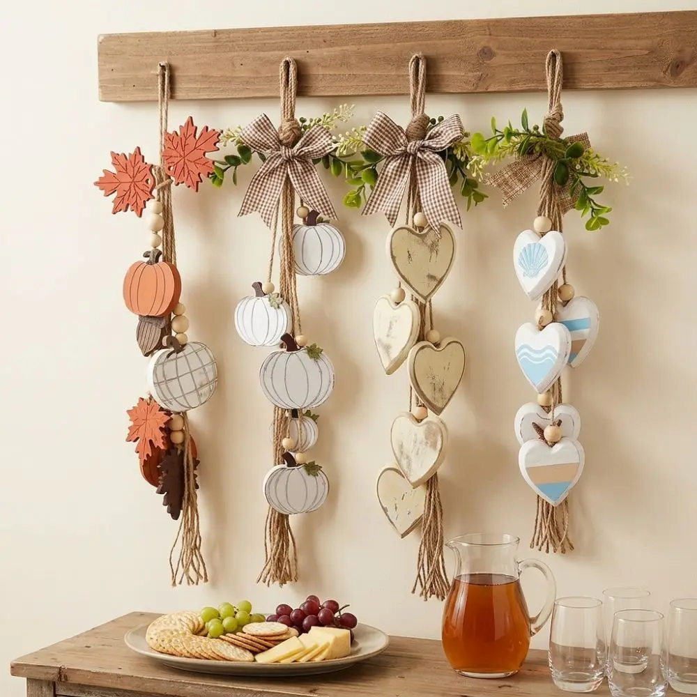 Rustic Farmhouse Wooden Heart Wall Hanging Fall Maple Leaf Distressed Pumpkin Door Hanger Nautical Style Vintage