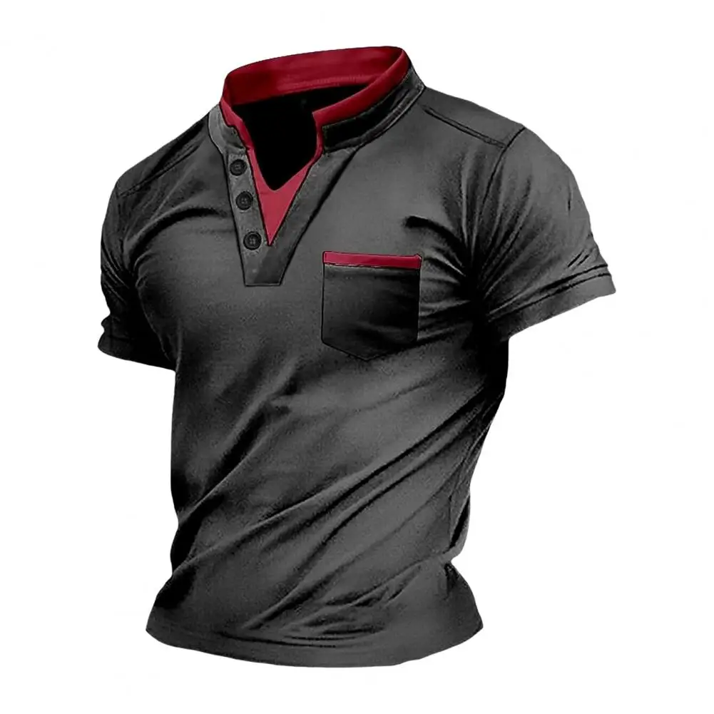 Men Top Summer V Neck Short Sleeves Fake Two-piece Chest Pocket Retro Pullover Stretchy Mid Length Quick-drying Daily T-shirt