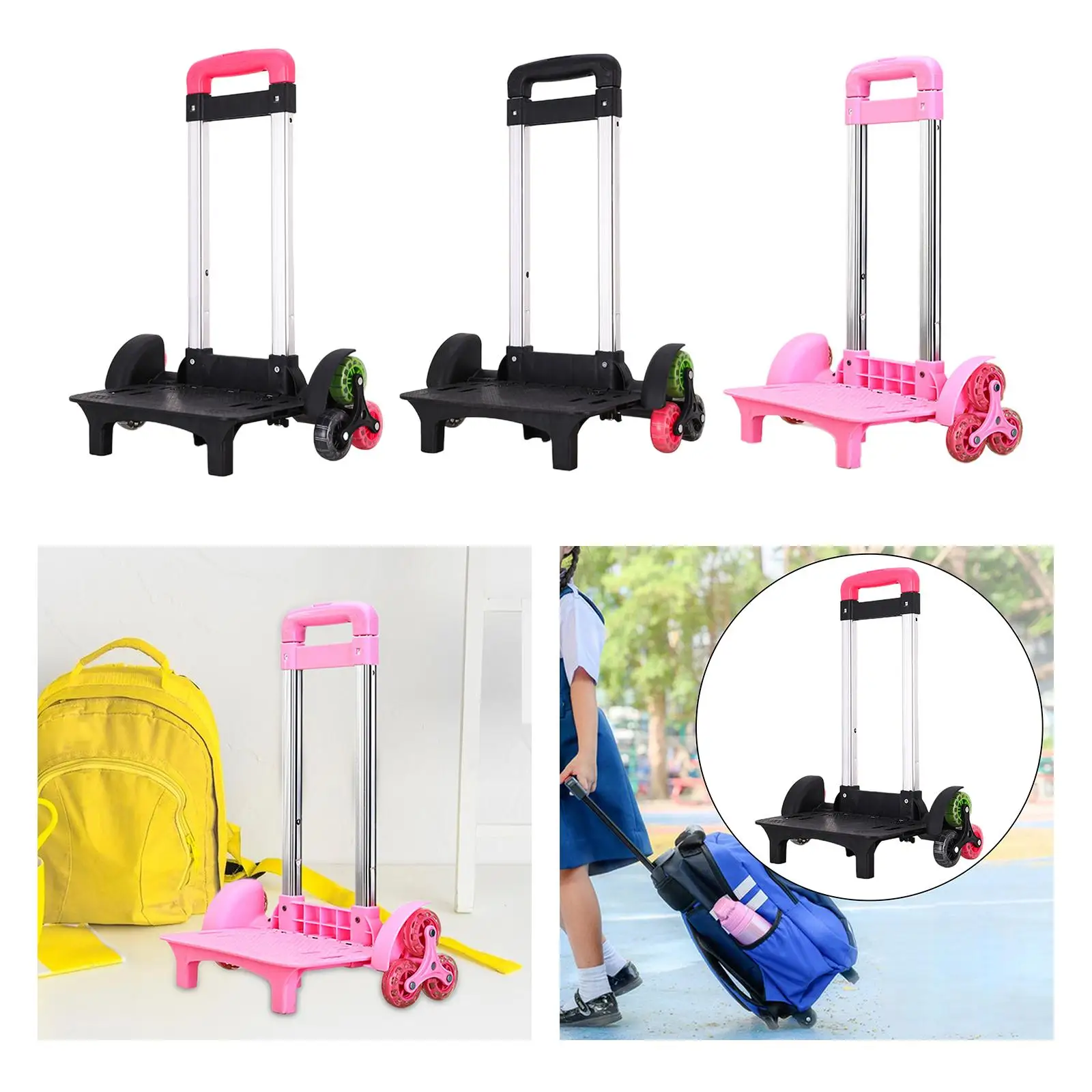 Trolley Cart 6 Wheels Adjustable Portable Aluminum Alloy Bracket Wheeled Cart for Backpack Schoolbag Shopping Boxes Children