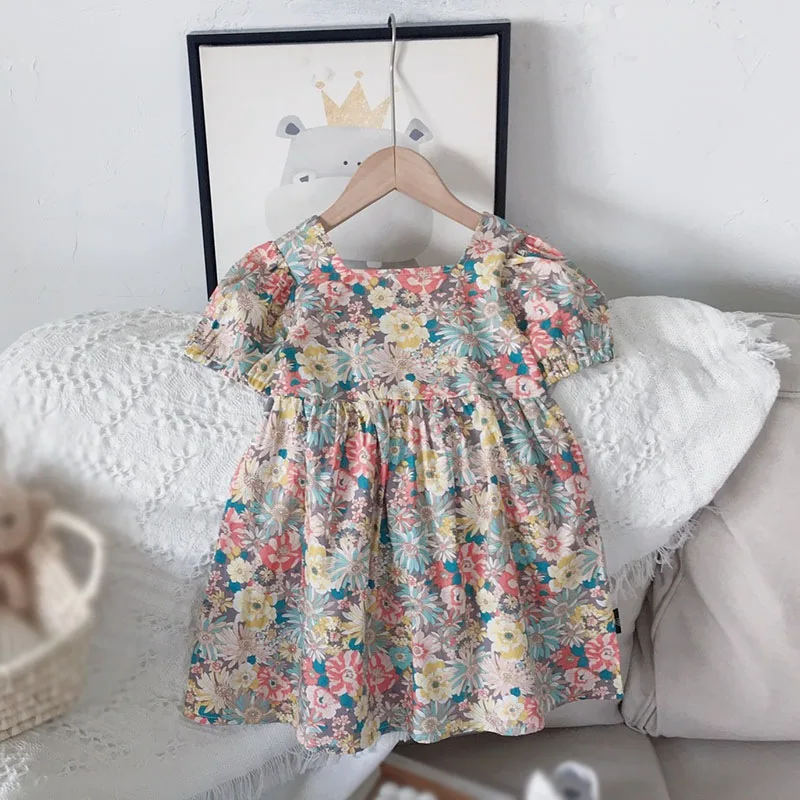 Summer Toddler Girls Princess Dress With Bare Backs A-Line Sweet Floral Print Puff Sleeve Dress For 2-8T