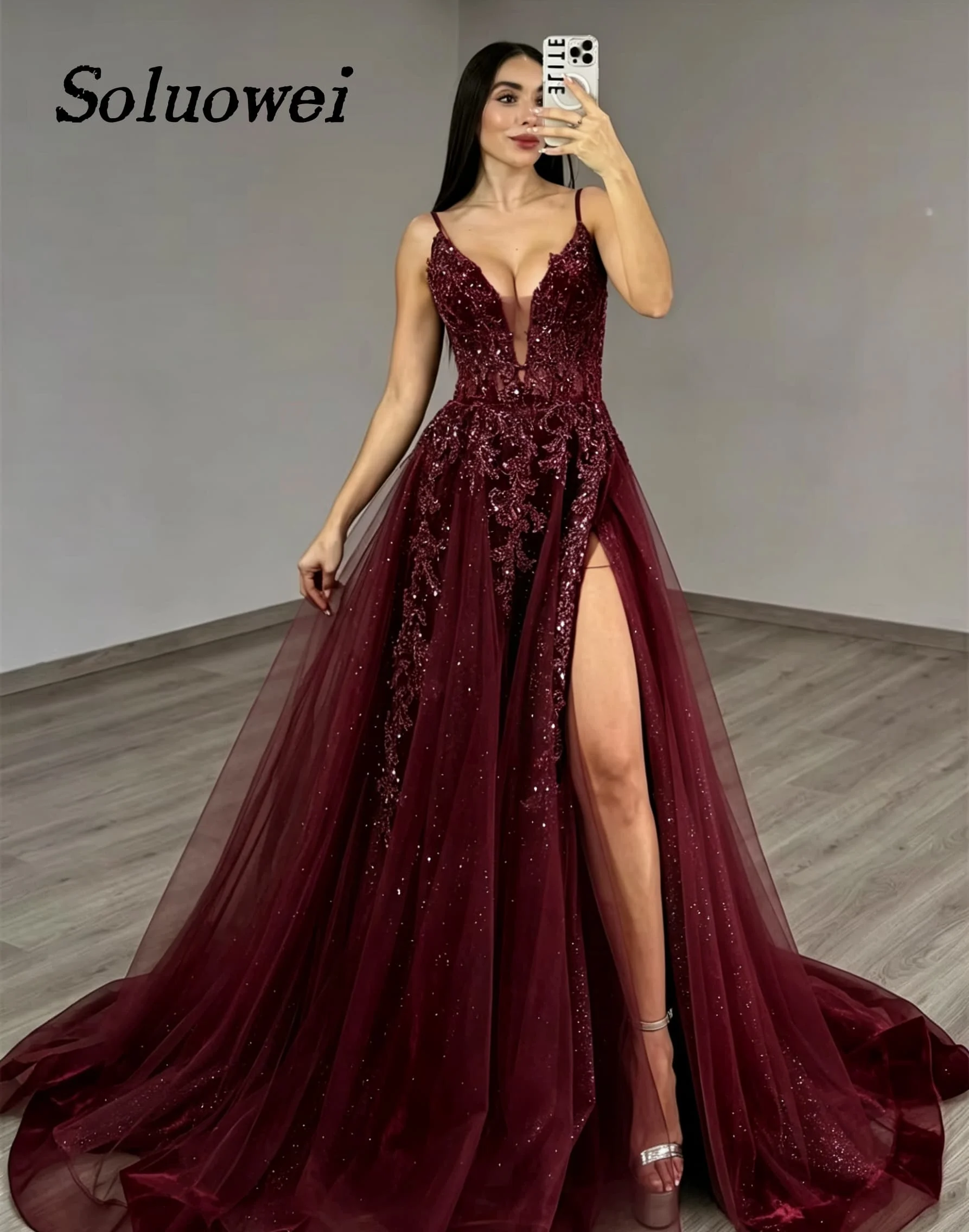 Customized A-Line Deep V-Neck Sequinned Appliques Prom Dress Sleeveless Side High Split Formal Evening Gowns vestidos de noche