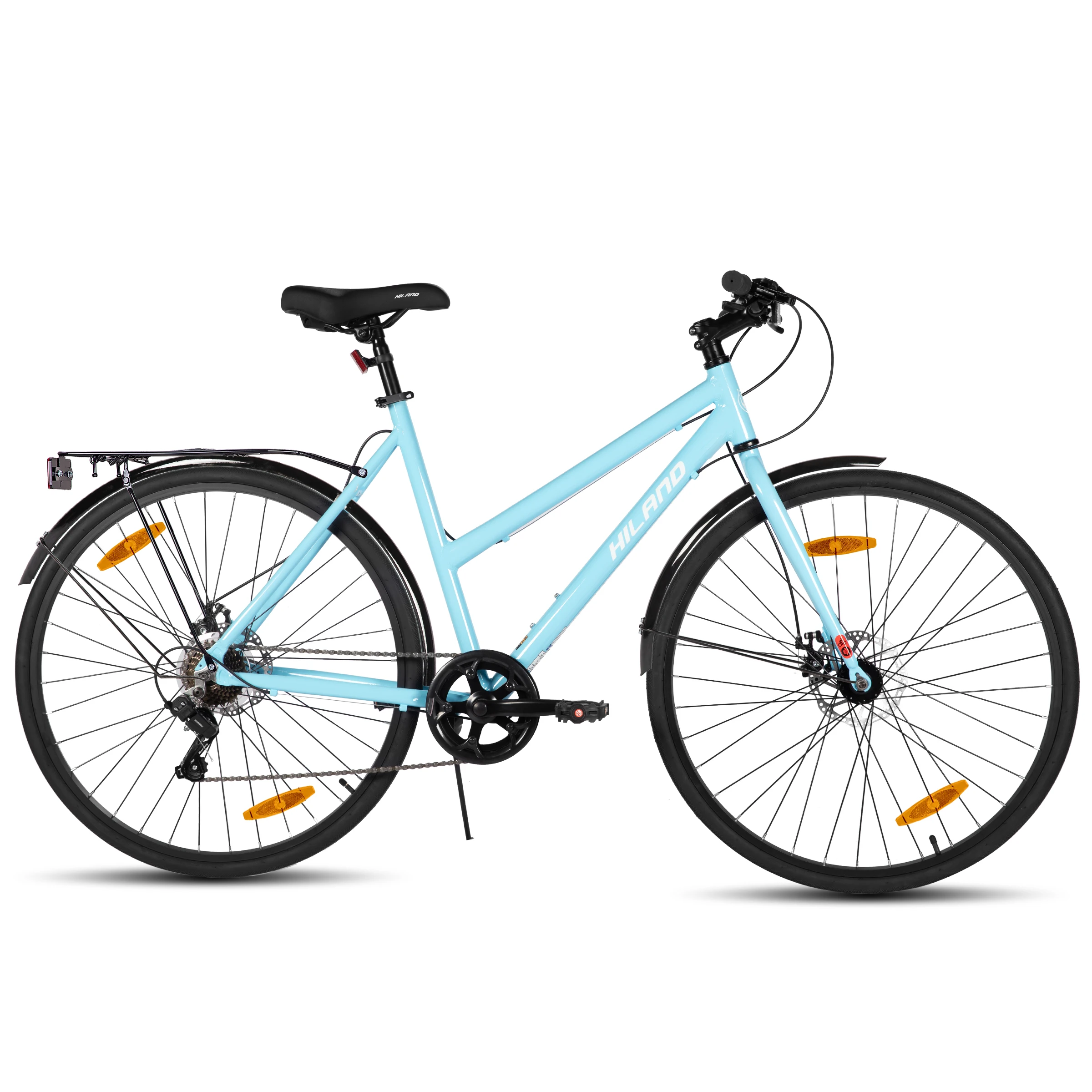 HILAND Cityrad 700C Herren Damen Student Aluminium Alloy Commuter Stadtfahrrad, 7-Gang, met Schutzblechen, Luggageträger