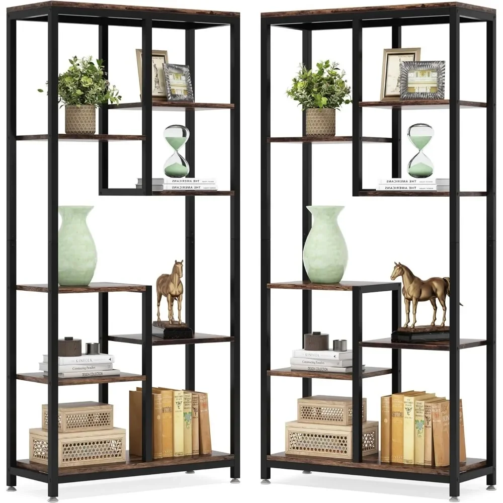 

6-Tier Tall Bookshelf Set of 2, Industrial 8-Shelf Open Bookcase Storage Display Book Shelves for Living Room