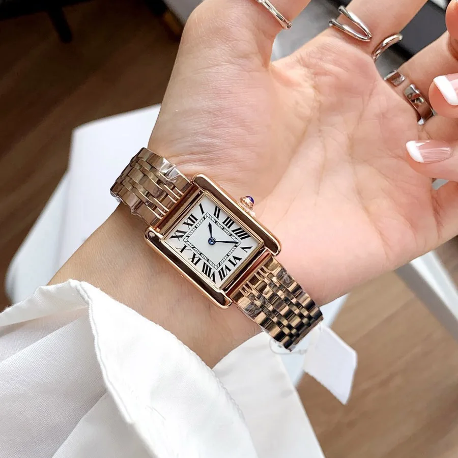 أزياء العلامة التجارية ساعات المعصم امرأة فتاة جميلة مستطيل 27mm نمط الكوارتز الصلب المعادن الفرقة الفاخرة ساعة CA64