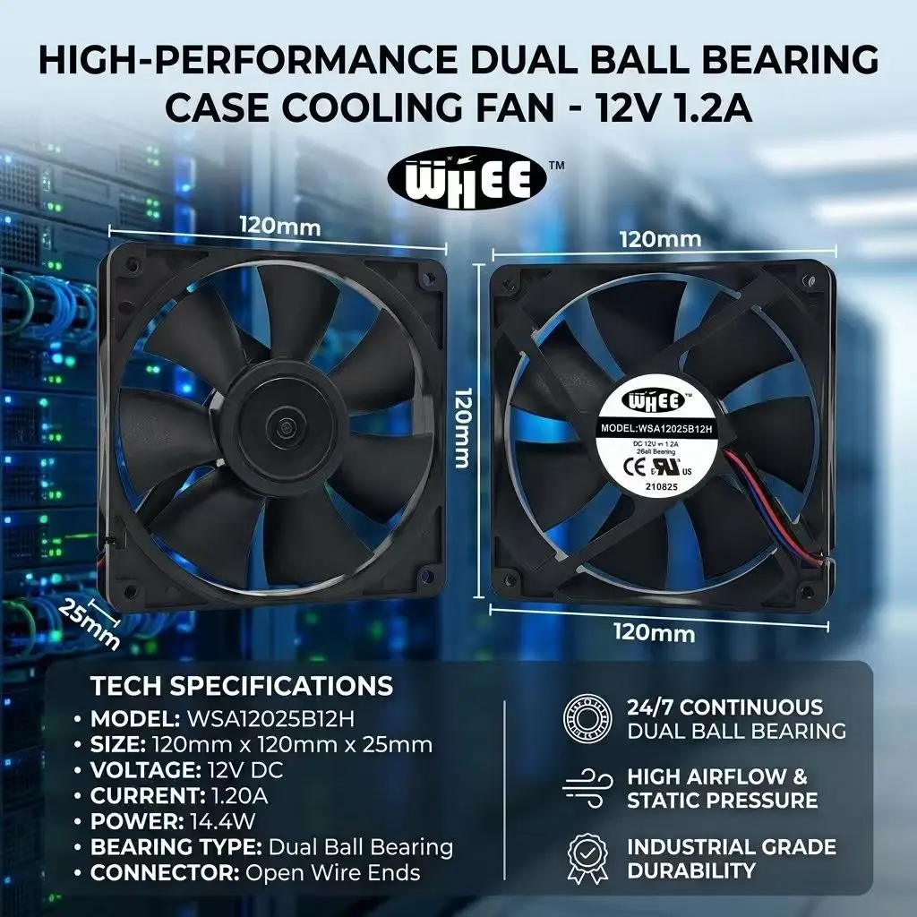 For WHEE WSA12025B12H DC 12V 1.20A 12025 120x120x25mm 3-Pin Dual Ball Bearing Violent Server Inverter Chassis Case Cooler Fans