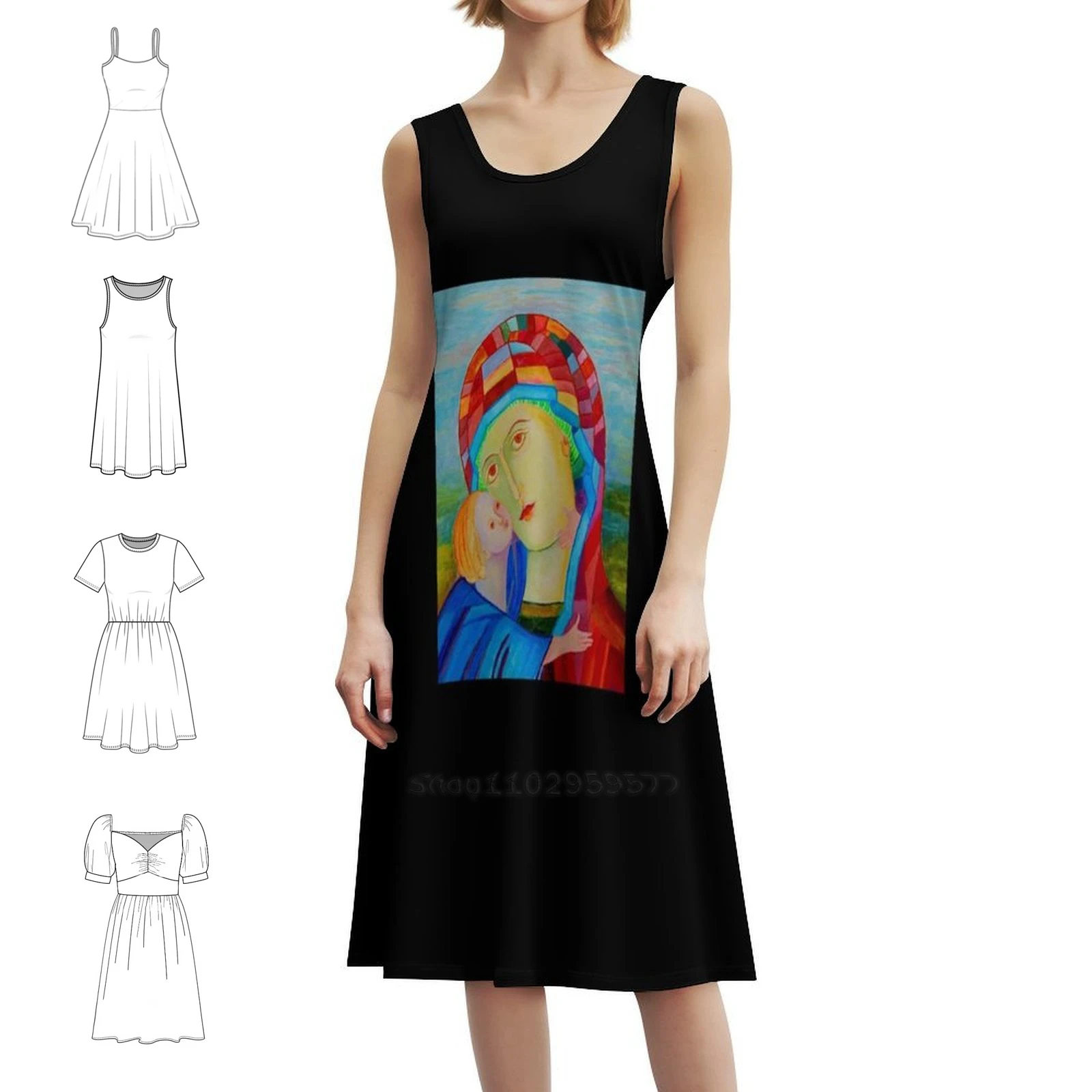Sukienka mini w stylu preppy z motywem Matki Boskiej z Dzieciątkiem i Jezusa Chrystusa, o kroju A-line, luźna, codzienna sukienka dla kobiet.