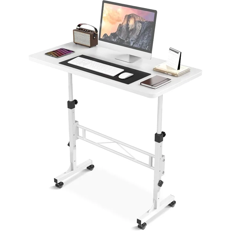 

Small Standing Desk Adjustable Height, Mobile Stand Up Desk with Wheels, Portable Laptop Desk Standing Table Sit Stand White