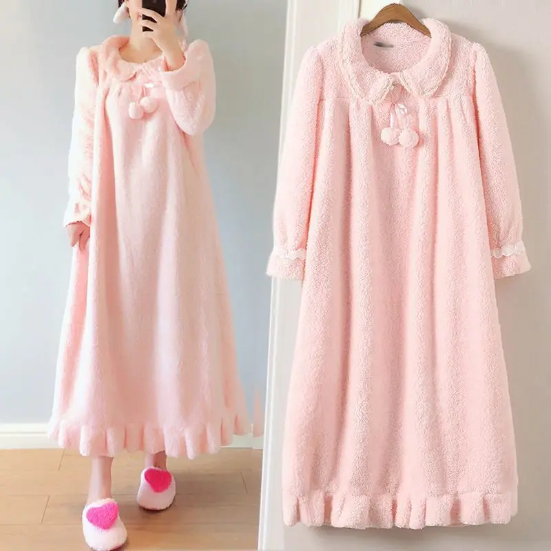 Large Size Long Sleeve Thick Warm Flannel Solid Nightgowns For Women New Autumn Winter Sweet Girl Sleepwear Nightdress Nighty