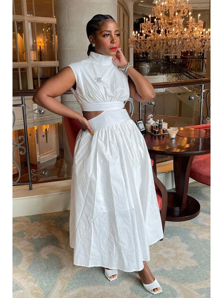 

Mock Neck Sleeveless Cutout White Maxi Dresses A-Line Elegant Pockets Summer Fashion Casual Party Hollow Out Long Dresses 2024