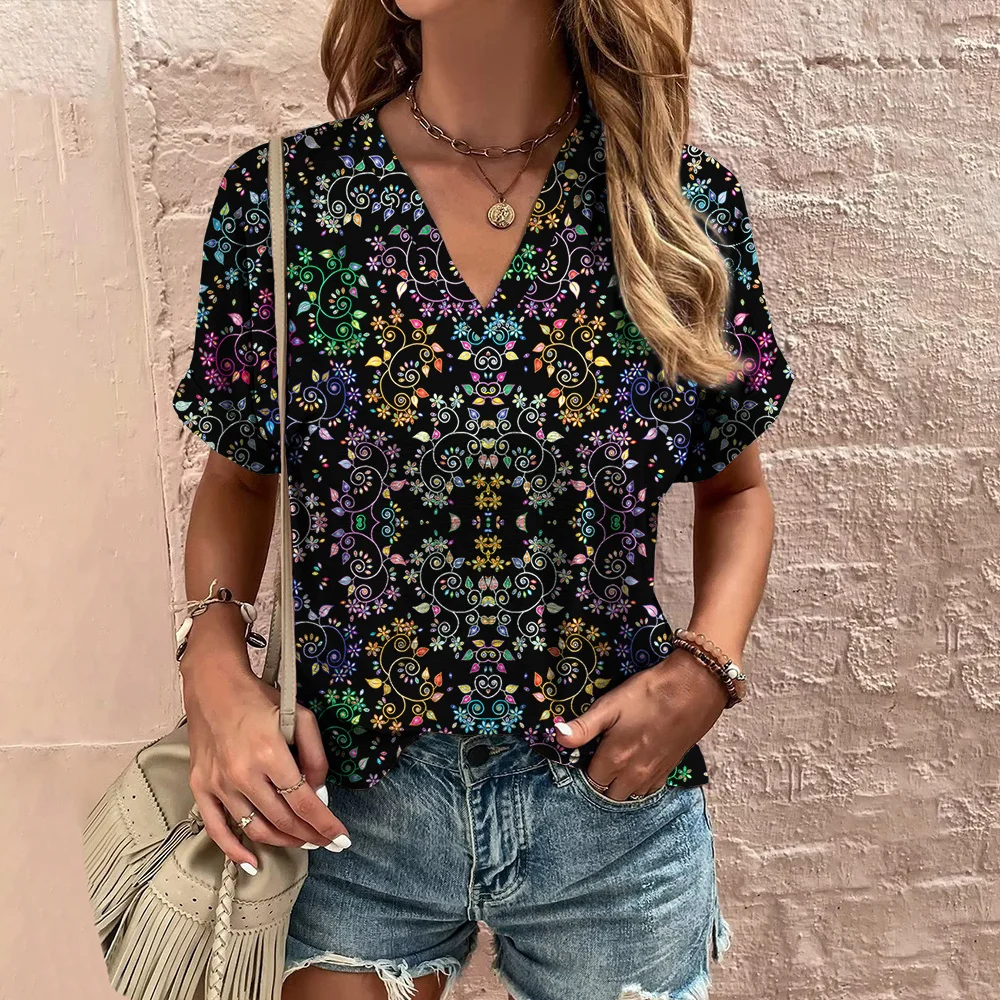 Retro Print Women\'s T Shirt Classic Floral Tees For Ladies Summer V-Neck Short Sleeve Tops Female Oversized Clothes Daily Blouse