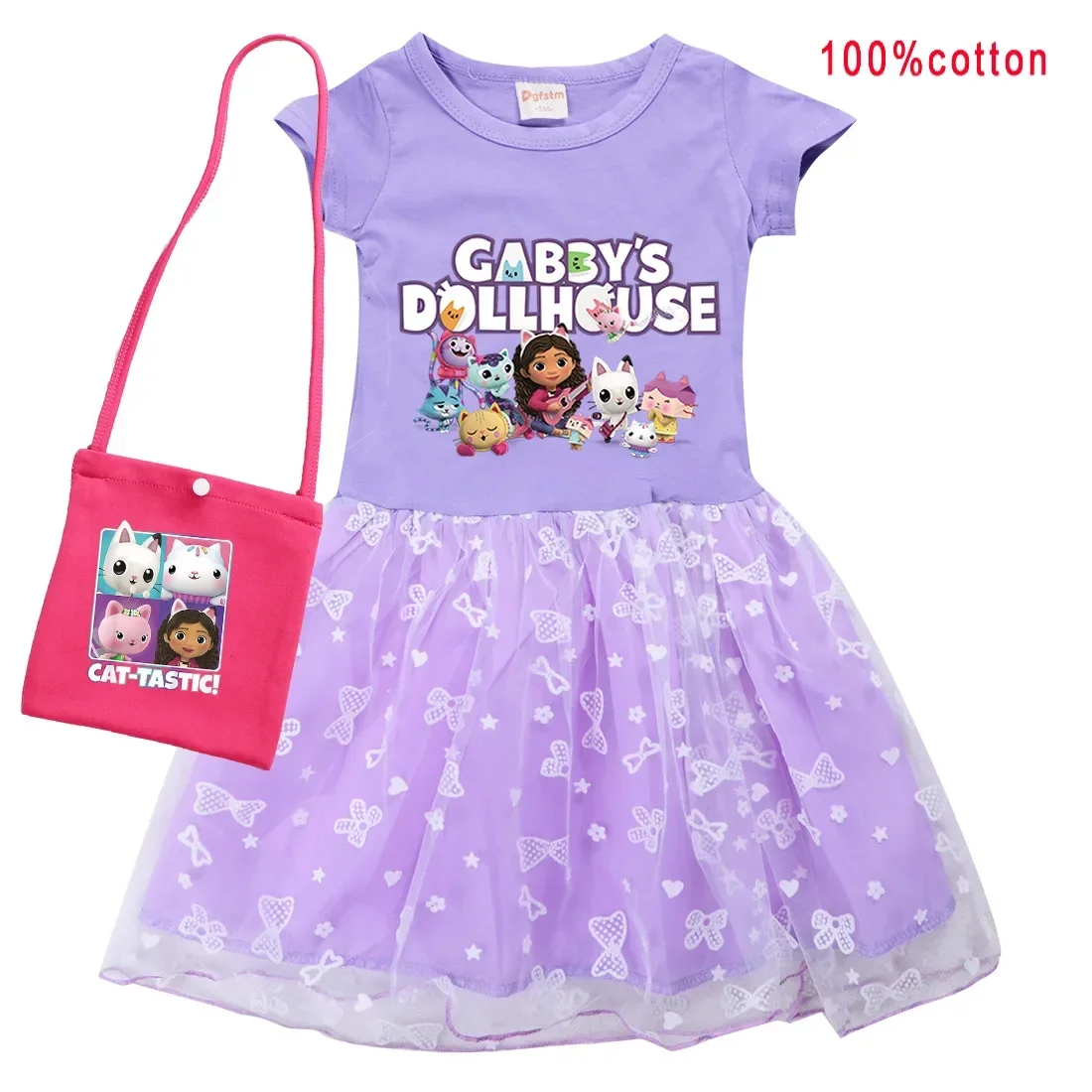 Gabbys Dollhause Vestido de manga curta para bebês, vestidos bonitos de princesa dos desenhos animados com bolsa pequena, vestido de casamento para crianças, roupas Tastic Cats