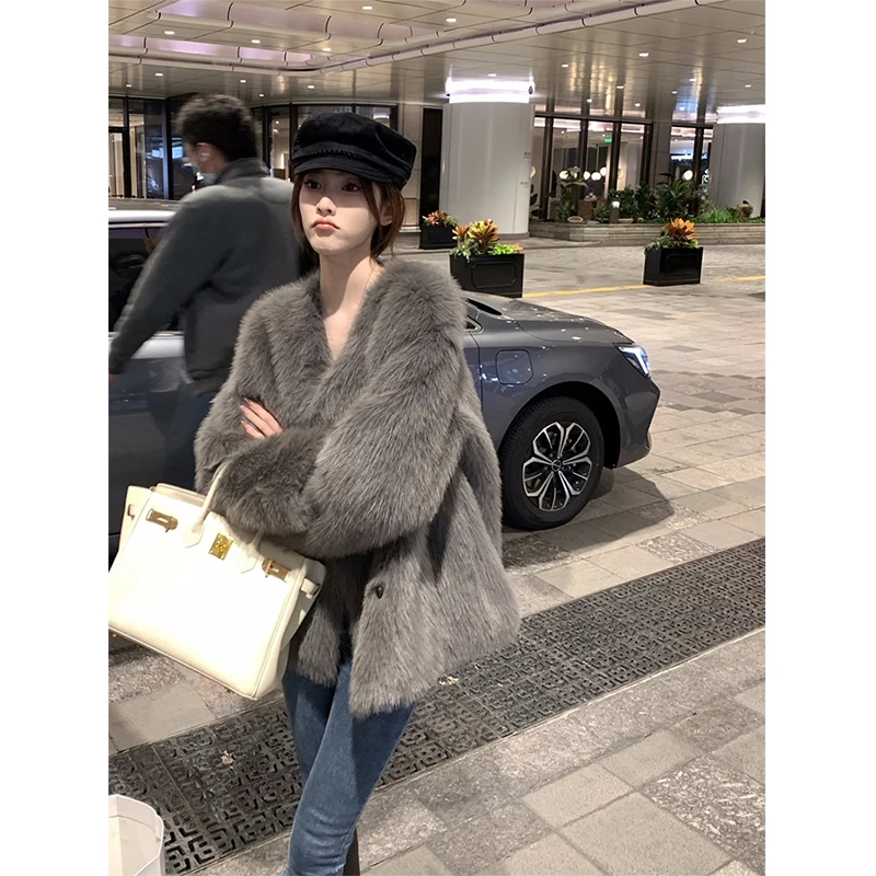 MEXZT Faux Fur Coat Women Fashion V Neck Quilted Fluffy Jacket Winter Ladies Korean Elegant Long Sleeve Warm Furry Outerwears