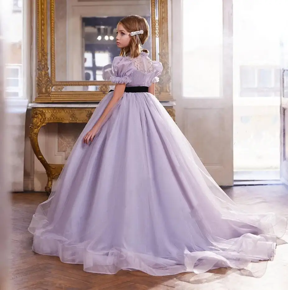 

Lilac Customized Flower Girl Dresses for Wedding Guest High Neck Kids First Communion Dress Pageant Gown