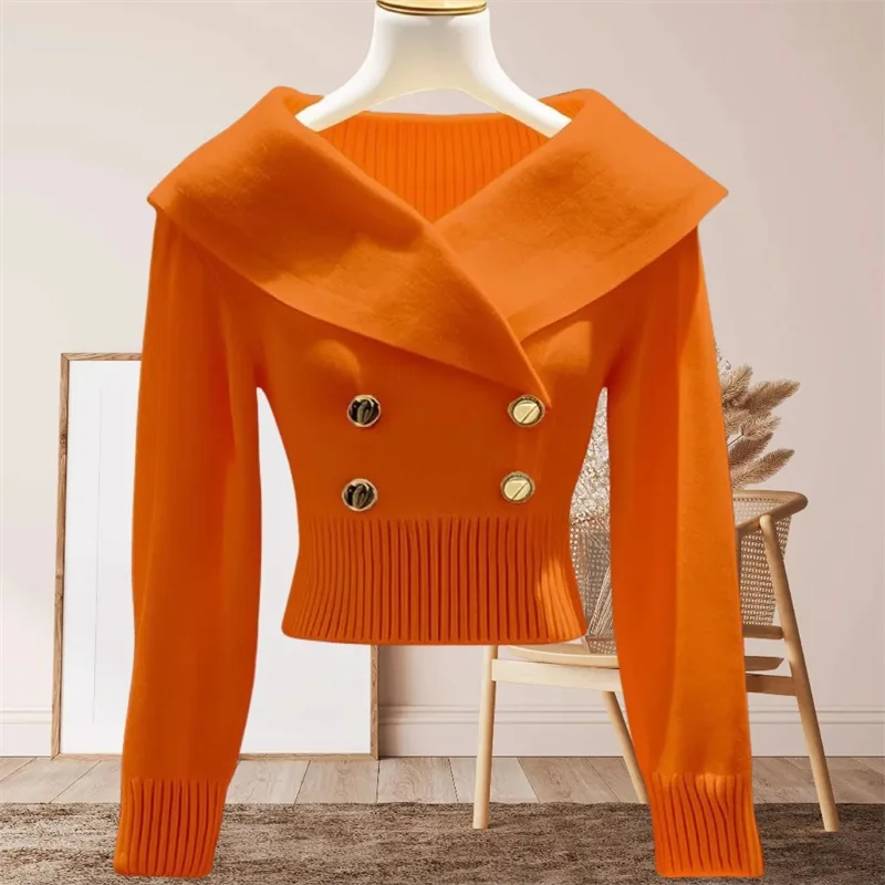 Dames SpringAutumn Kleine Parfumstijl Revers met lange mouwen, effen gebreide truien Klassieke taille dunne veelzijdige korte truien dames