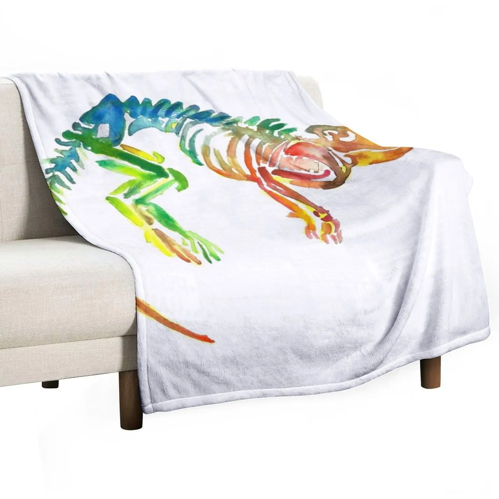 Watercolor Fossil Skeleton in Rainbow Throw Blanket manga Travel Nap Blankets