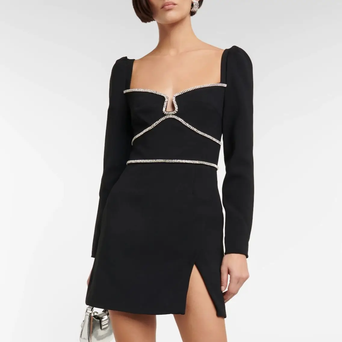 

Square Neck Black Satin Dress Crystals Long Sleeve Mini Smooth Dress Zipper Back Cocktail Dress Bodycon Dress Custom Made