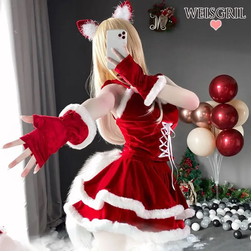 Cosplay Santa jesienno-zimowa śliczna świąteczna czerwona sukienka damska impreza przebierana świąteczna element ubioru strój damski płaszcz Kawaii