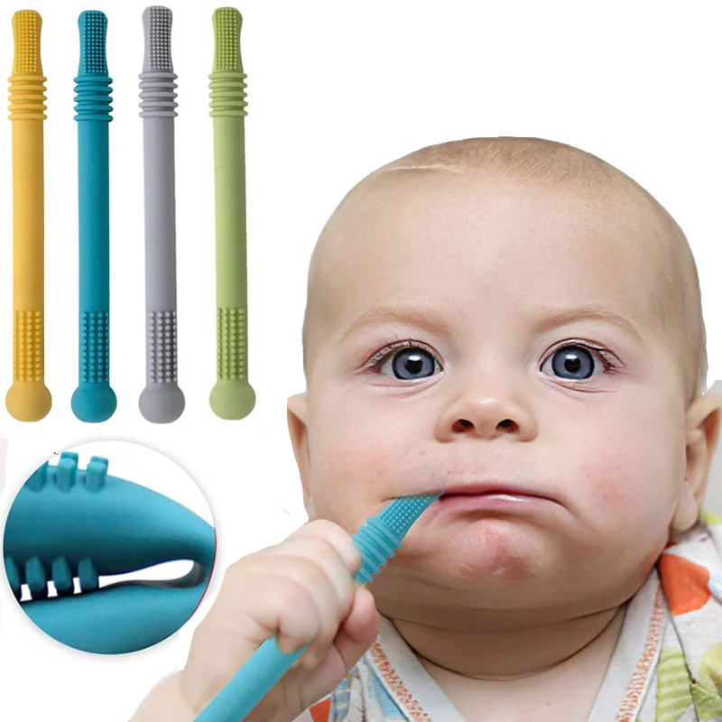 Long Tube Teether Toy Infants Baby Safety Teething Stick Food Grade Silicone Chewing Biting Toys Soft Chewy Molar Tube Bar