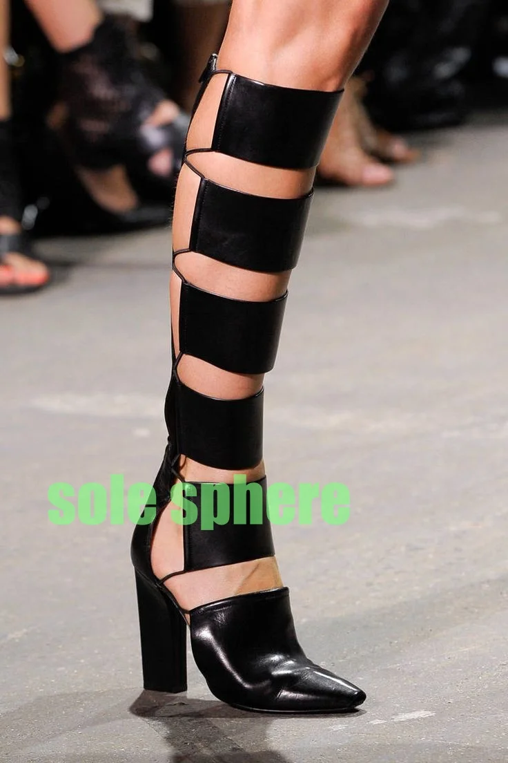 

Lady Cut-Out Black Pu Sandals Boots Chunky Heels Pointed Toe Hollow Design Punk Style Footwear New Arrive Retro Summer Knee Boot