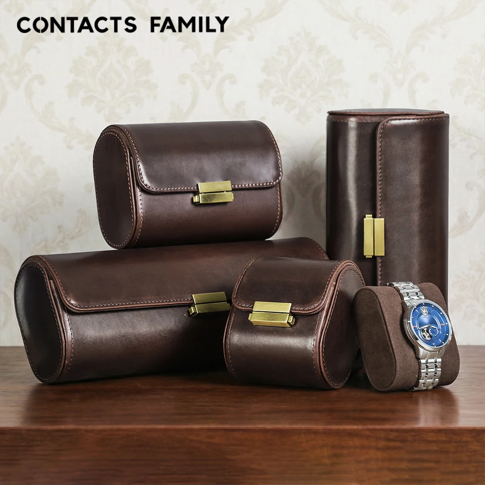 CONTACTS FAMILY Retro Genuine Leather Watch Roll Travel Case 1/2/3/4 Watch Storage Organizer Box with Lock spring Closure