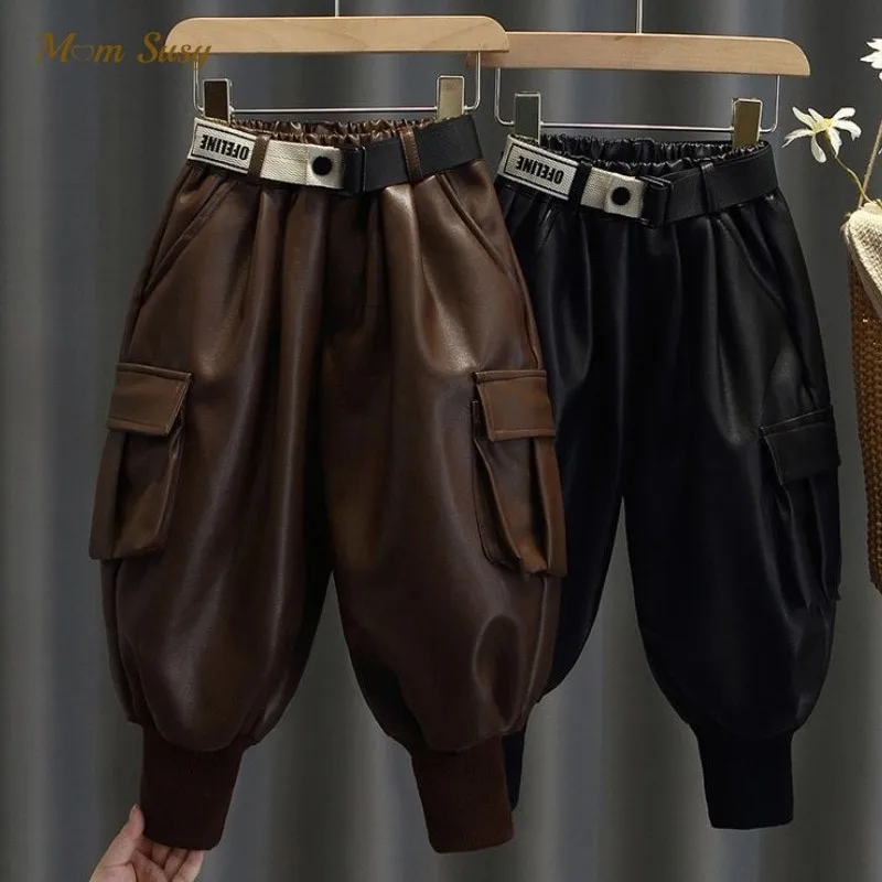 Fashion Baby Boy Girl PU Leather Cargo Pant Infant Toddler Child Leahter Trousers Spring Autumn Winter  Kid Clothes 1-10Y