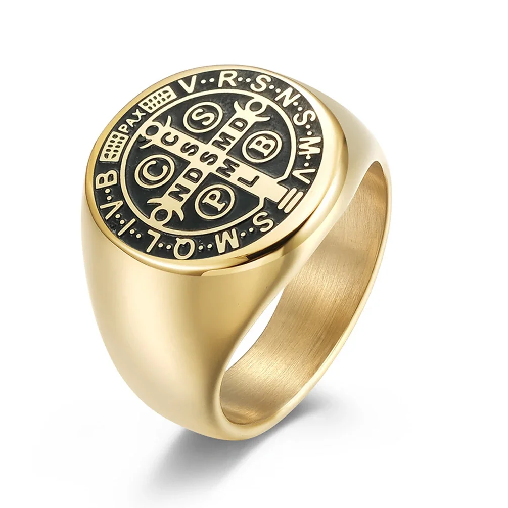 Mens St Benedict Exorcism Ring Catholic Roman Cross Protection Christmas Demon Hunter Stainless Steel Ring for Boy Teens