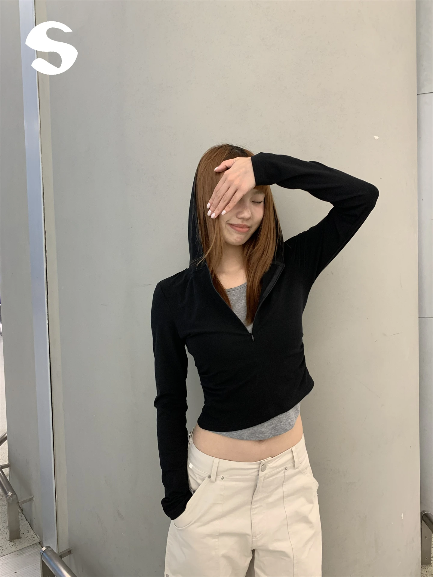 

Sp at Korean Sle Long Sve Zipper Hoodie Women's T-irt Color Blo Design Casual Comfortable Breathable Top