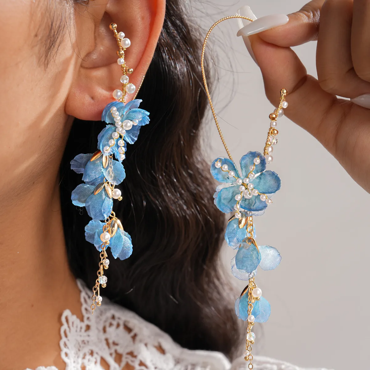 Blue Fabric Flower Tassel Ear Hook Cuffs for Women Glass Bead Imitation Pearl Drop Earrings Jewelry Wedding Evening Party