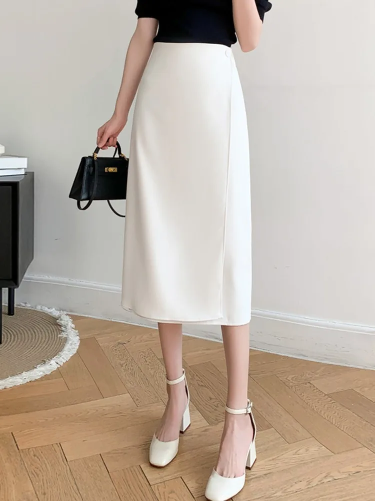 

Office Lady Elegant A-line Skirt New Arrival 2023 Spring Korean Style Solid Color Basics HighWaist Women Long Skirts W1330