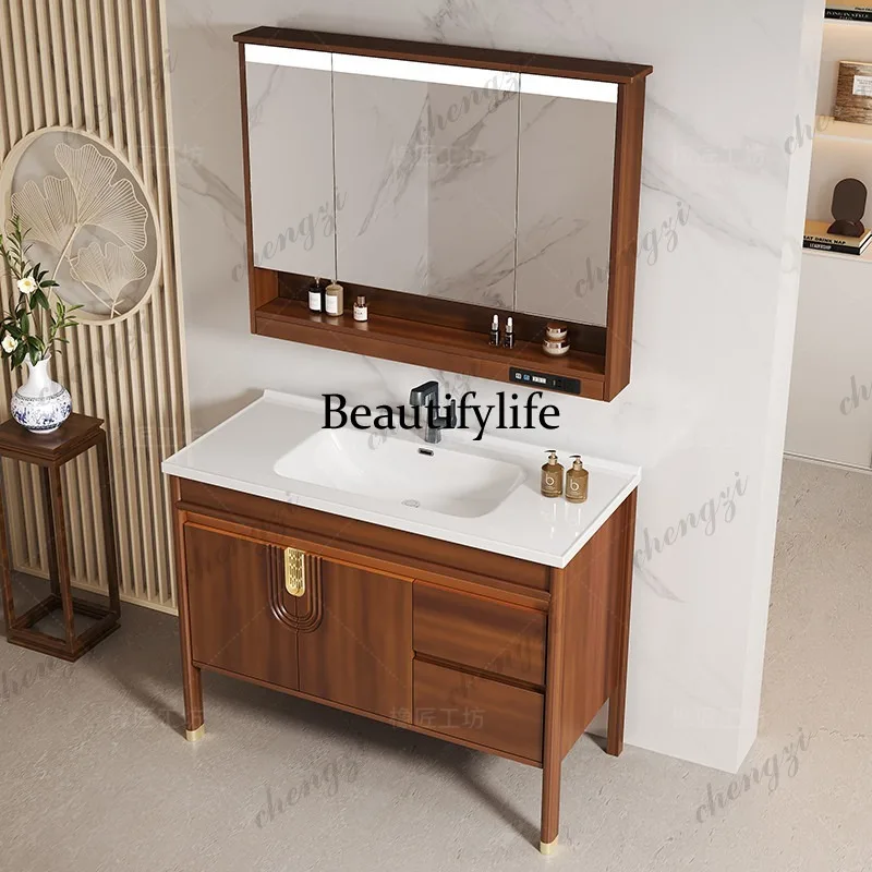 New Chinese bathroom cabinet, ceramic integrated basin, oak floor-to-ceiling cabinet, bathroom hand wash, washstand
