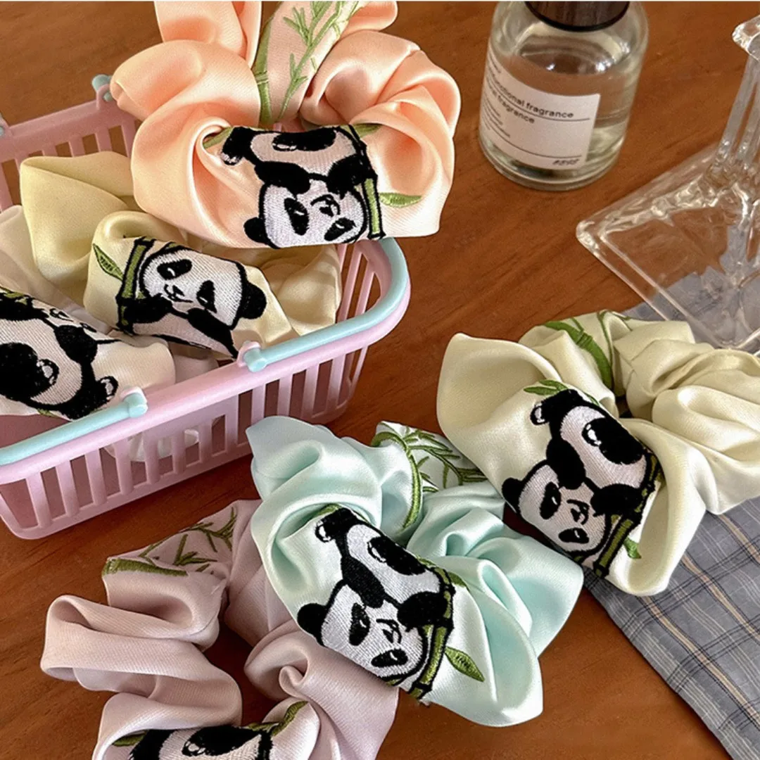 Chinese High Quality Panda Silk Hair Ties Scrunchies Cute Cartoon Bamboo Panda Family Colorful Smooth Satin Elastic Hair Bands