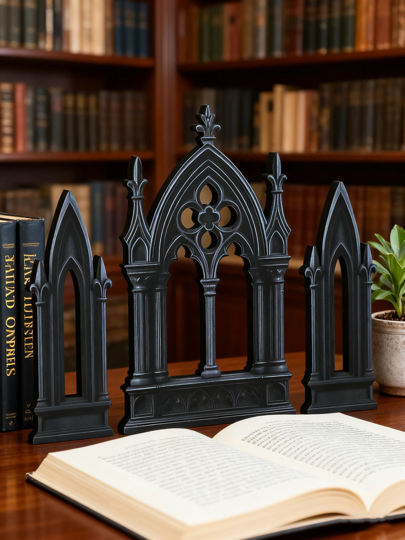 3 Stück Gothic-Stil, Schlossform, Tischdekoration, schwarzer Kathedralenbogen aus Holz, Buchstützen, Vintage-Regaldekoration für Zuhause und Büro, Geschenk – Detail 6