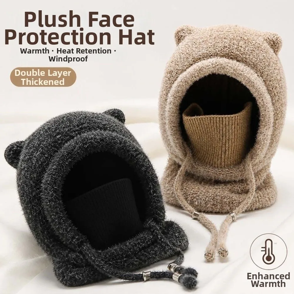 Japanese Style Cap Windproof Cat Ears Beanie Elastic Thickened Knitted Balaclava Thermal Cozy Mask Neck Warmer Students