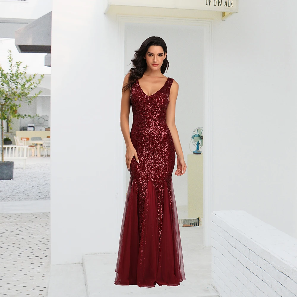 2022 neue Frauen Elegante Doppel V-ausschnitt Cocktail Kleid Sexy Meerjungfrau Pailletten Frauen bodenlangen Party Kleid Sexy Abend Vestido De