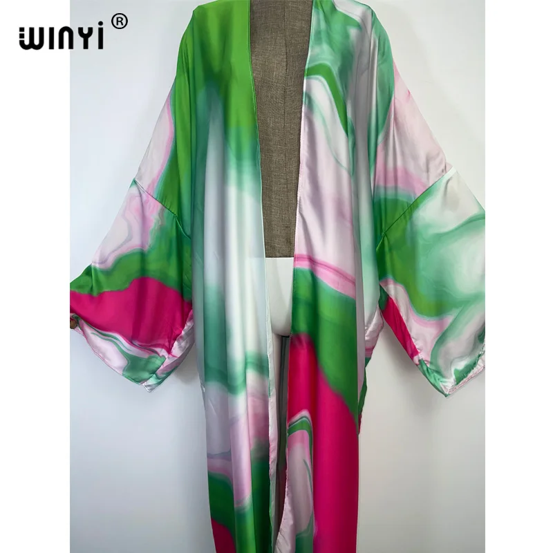 WINYI 2022 Autumn Colorful Printing Beach Wear Swim Suit Elegant Africa Women Boho Cardigan Sexy Holiday Long DressSleeve Kimono