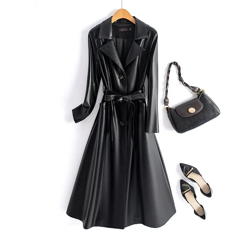 Slim Fit Stand Collar Leather Jaet Women's Sle Spring New Korean Version Long Coat Tee Button PU Material