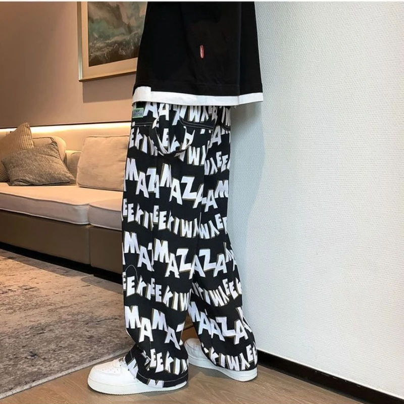 

Korean Casual Pants Men and Women Autumn Loose Letter Printed Straight Leg Trousers Fashion High Waist Versatile Pants Female