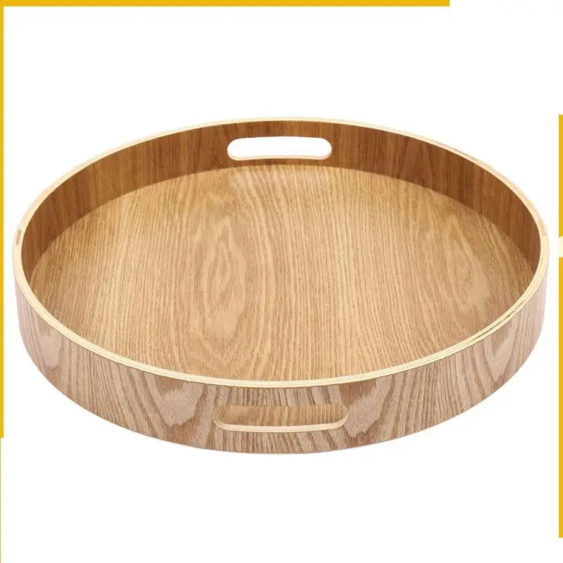 

A92P 2X Round Serving Bamboo Wooden Tray For Dinner Trays Tea Bar Breakfast Food Container Handle Storage Tray 3