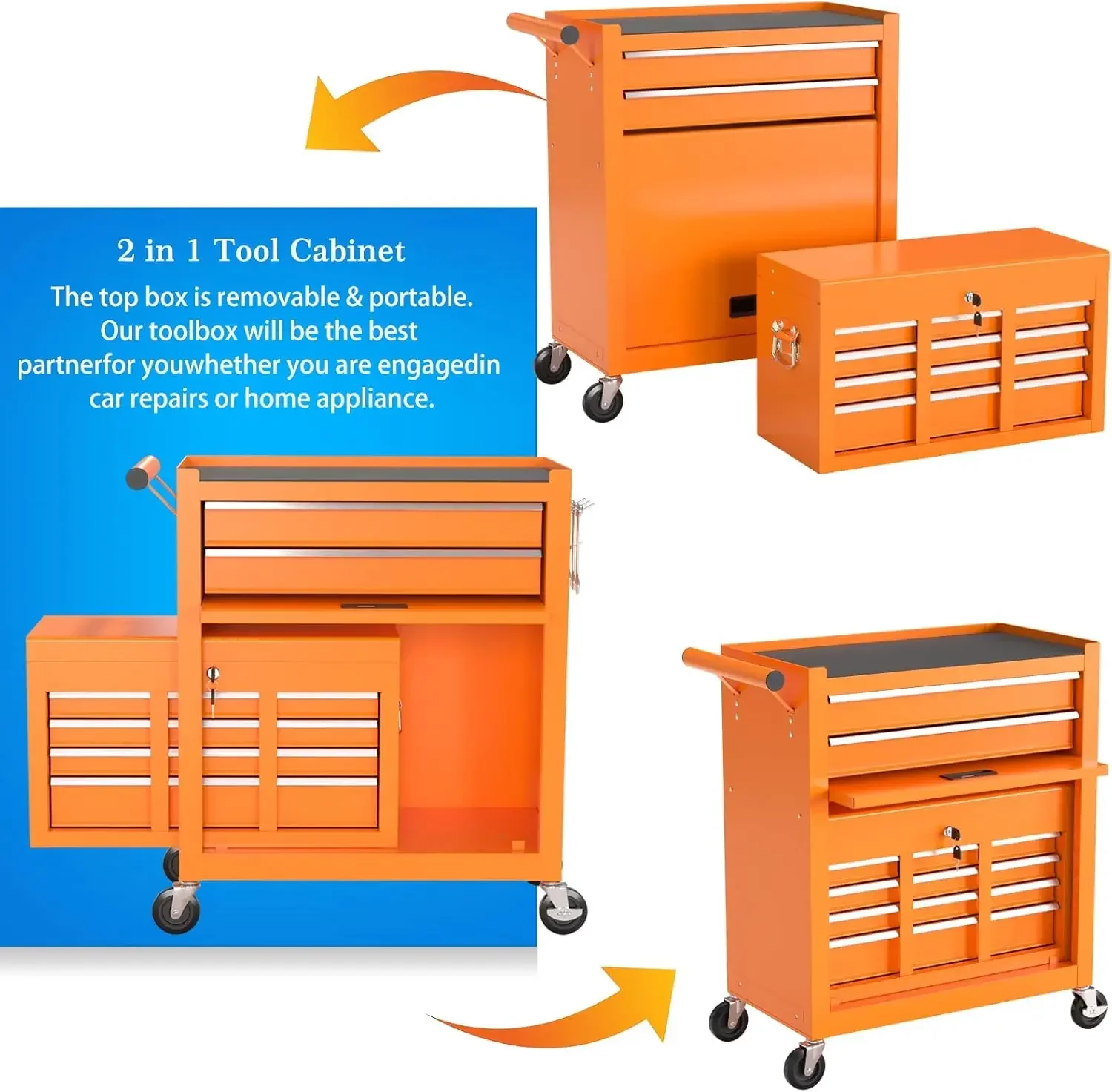 High Capacity Rolling Chest, Detachable  Box with Lock, Movable Chest, Chest with Wheels, Heavy Duty Tool Cab