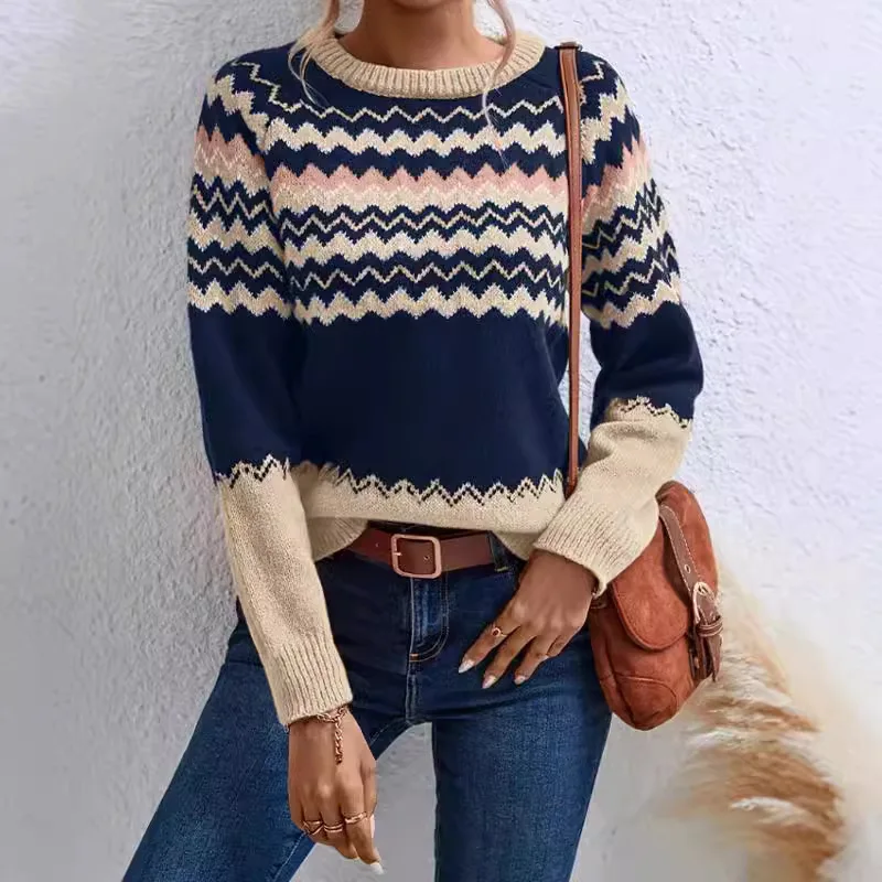 

Sweater De Mujer Autumn Winter Round Neck Sweater Womens Fashion Pattern New Long Sleeved Striped Color Blocked Knitted Pullover