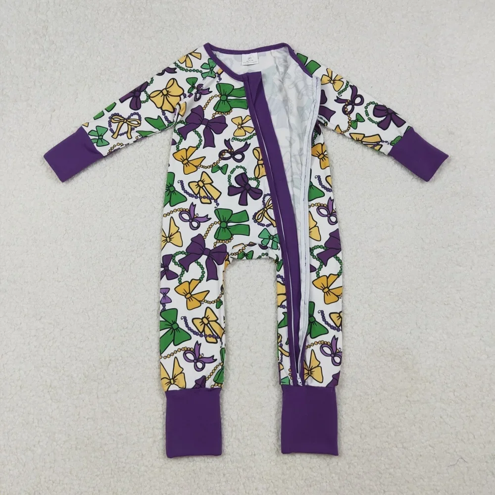 Wholesale Baby Girl Children Purple Zipper Romper Toddler Newborn Mardi Gras Bows Clothes Infant Kids Girls Coverall Bodysuit