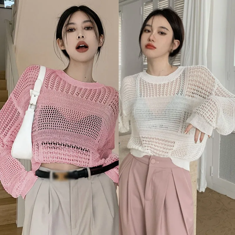 Korean Blouse Long Sleeve Crew Neck Casual Knit Breathable Mesh Fabric Autumn T-Shirts