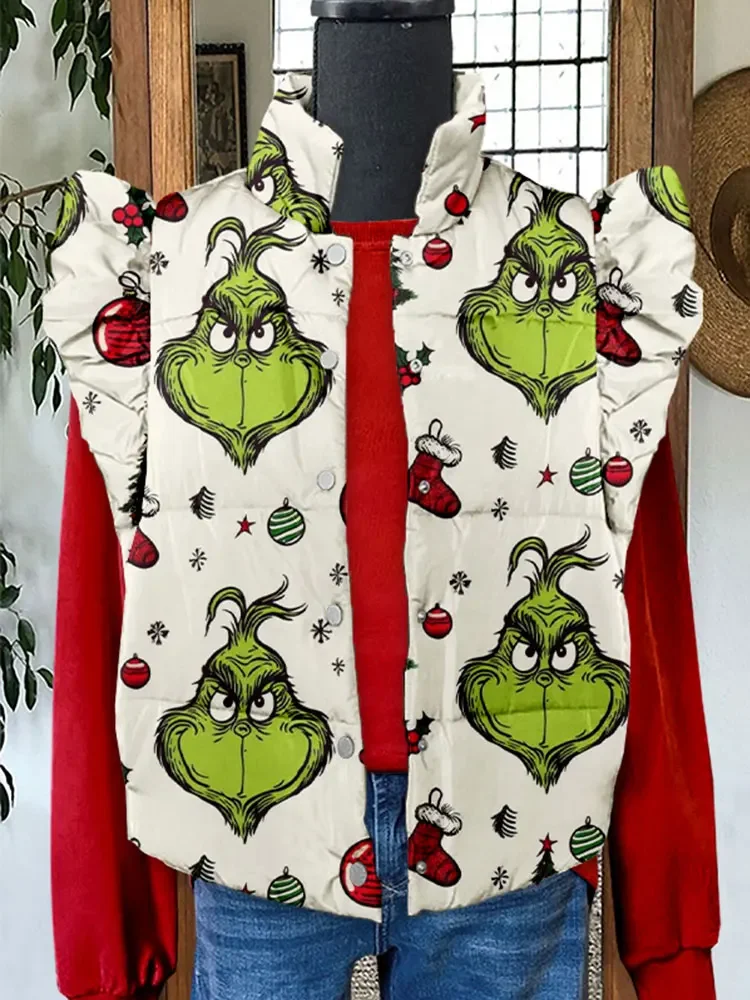 Funny Christmas Cartoon Print Ruffle Vest