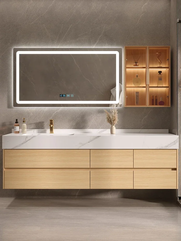 

Modern Log Slate Bathroom Cabinet Combination Solid Wood Hand Wash Basin Toilet Washbasin Intelligent Light Luxury Bathroom