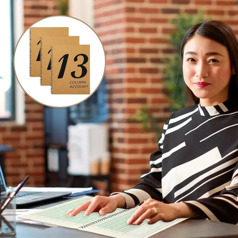 3 Pcs 13 Column Ledger Book 8.5 11 Inch Account Book Notebook with Columnar Pad Featuring Kraft Paper Cover 100 Pages 50 Sheets