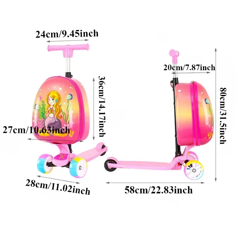 女の子のためのブレーキ付きスクーターカート,ハードシェル,ラゲッジ用の車輪付きスーツケース,ユニコーンを運ぶ,子供用の折りたたみ式ケース,2 in 1