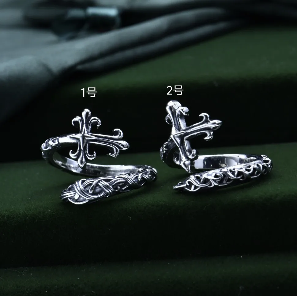 Retro 925 sterling silver vine cross winding Seiko open ring personality punk fashion men and women ring