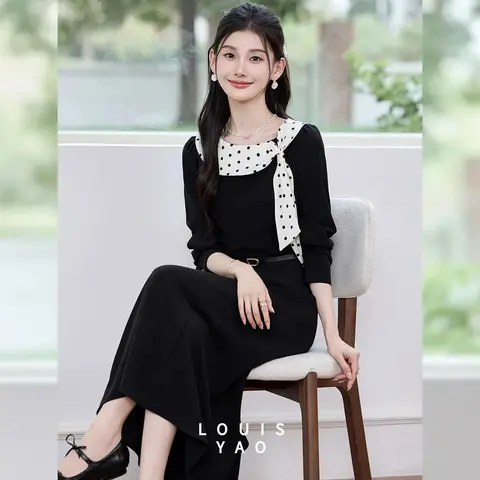 2026 Spring French Style Slim Black Maxi Dress Women Round Neck Long Sleeve Elegant Party Evening Wear Formal Dress