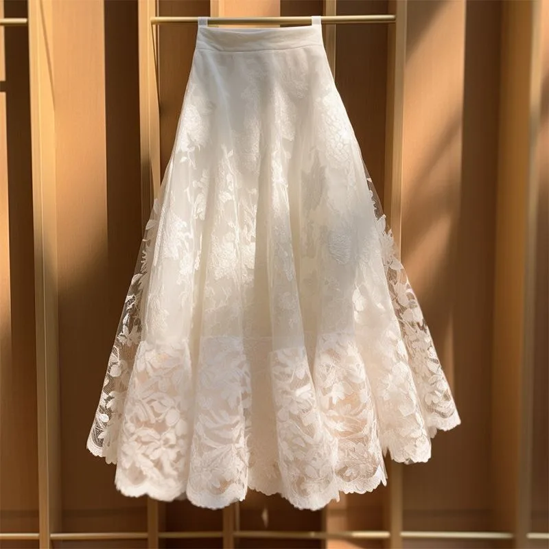 

Vintage Elegant White A-line Skirts Sweet Lace Mesh Skirt for Women High Waist Loose Mid-length Faldas Mujer Moda 2025