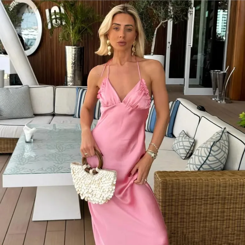 فستان أنيق بحمالات من الساتان للنساء وردي مثير بدون أكمام فساتين طويلة ضيقة بدون ظهر 2025 فساتين صيفية جديدة أنيقة للحفلات المسائية #1